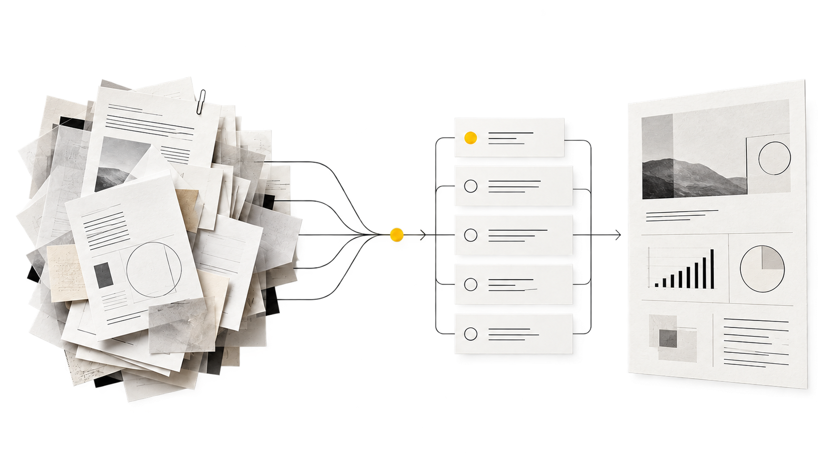 Composição abstrata mostrando informações sendo organizadas em tarefas e relatório