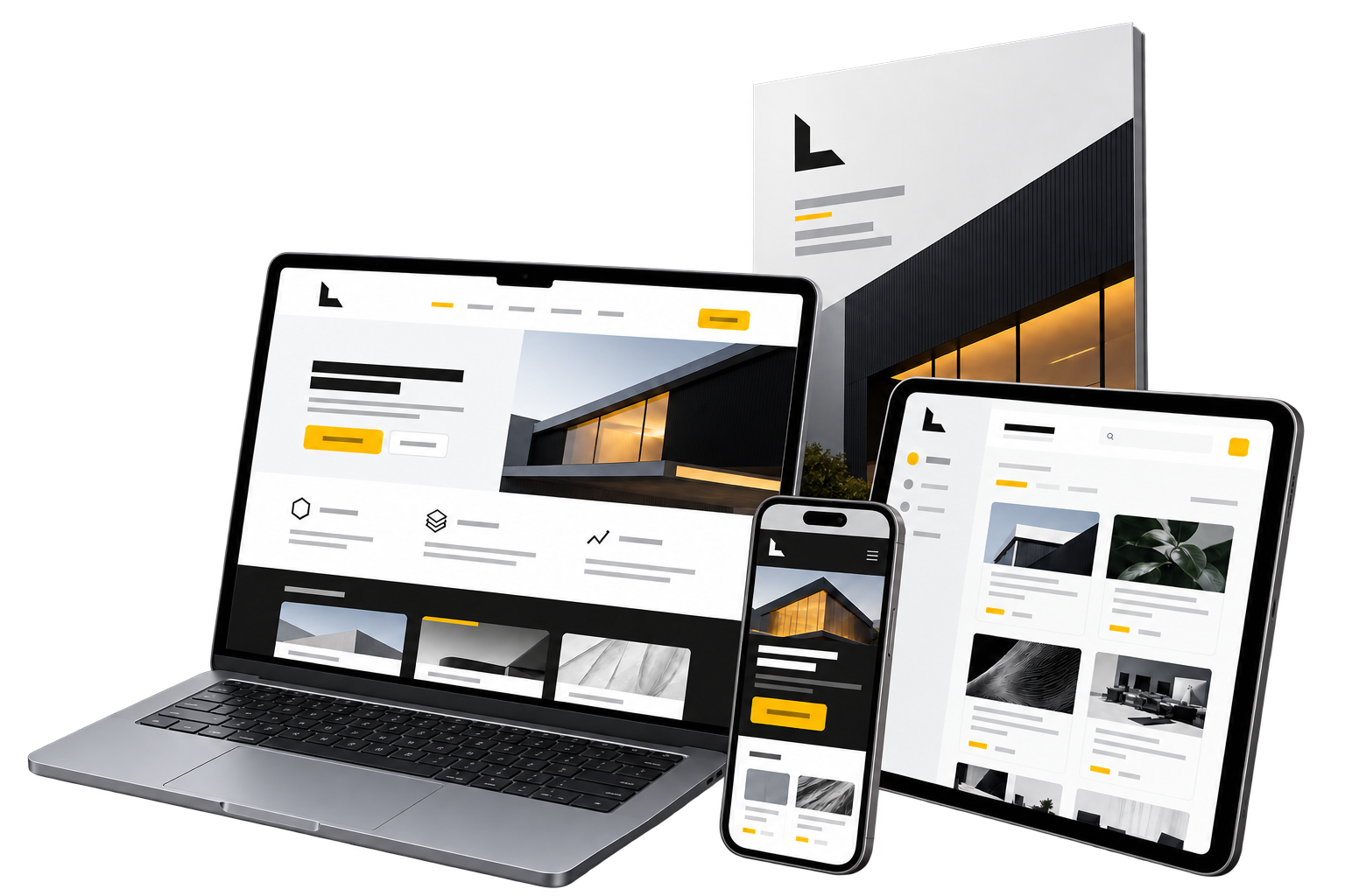 Mockups de site institucional em notebook, tablet e celular, acompanhados de peça impressa