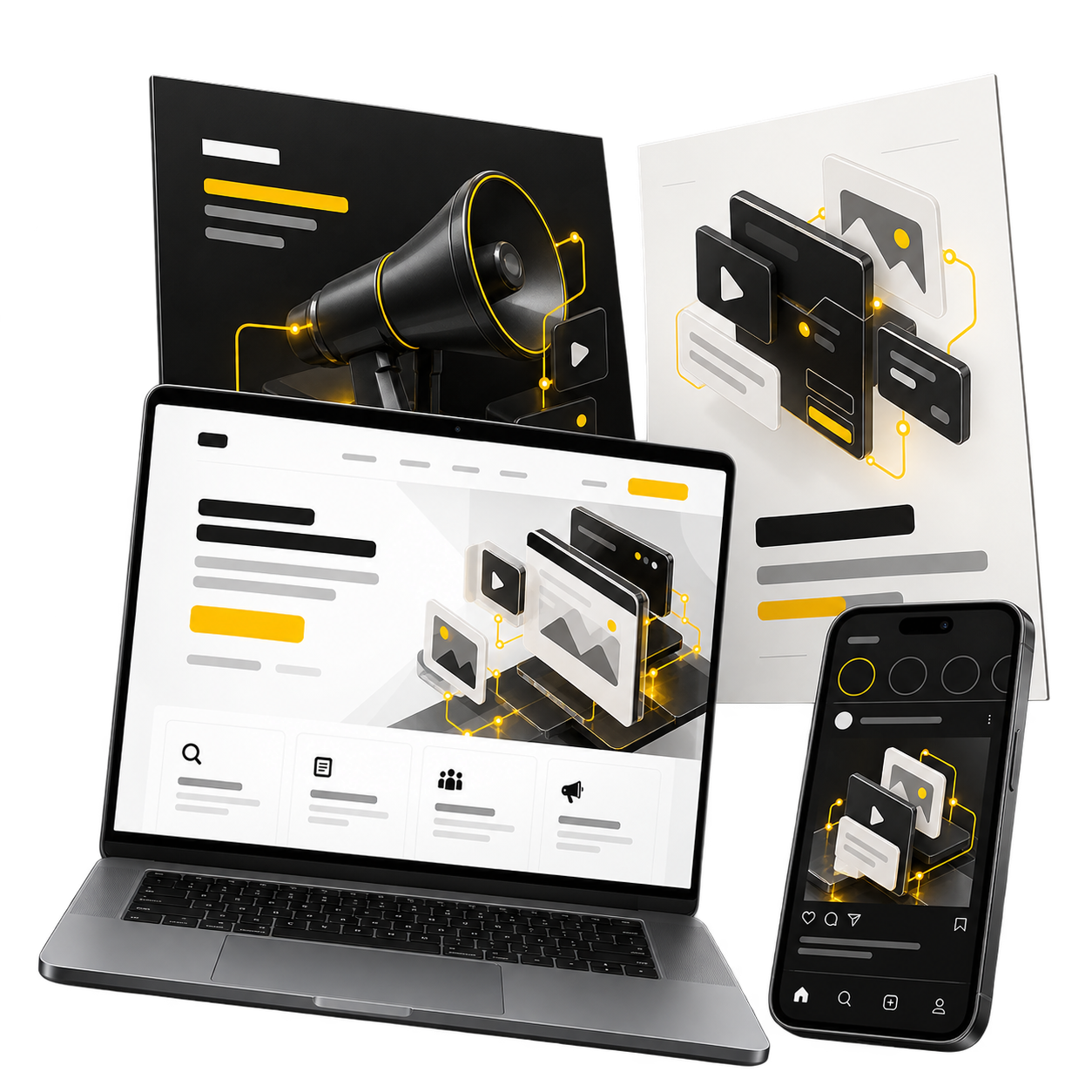 Mockups de conteúdo e divulgação em notebook, celular e peças gráficas